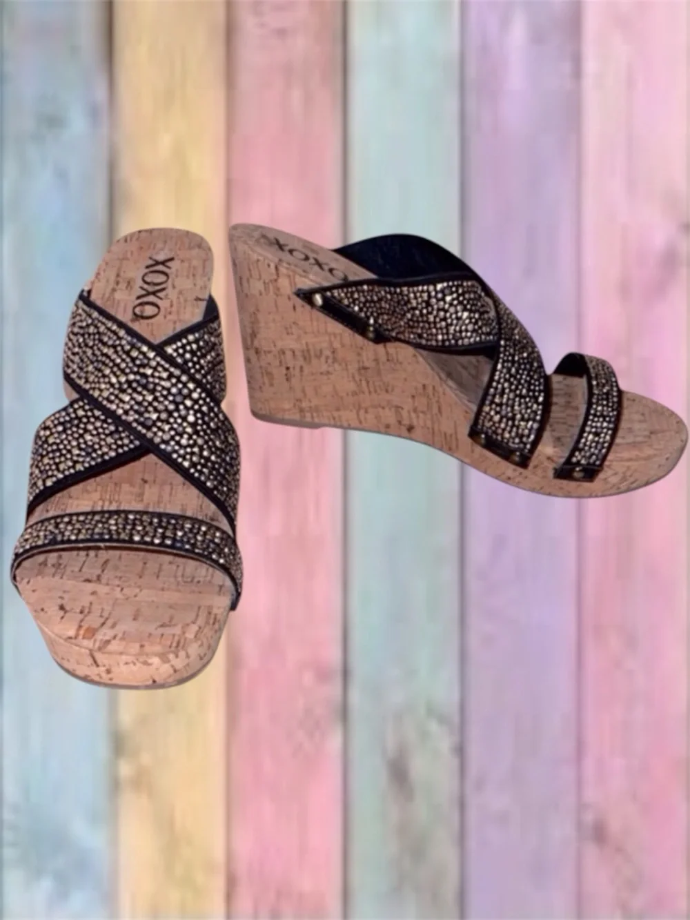 XOXO Black Gold Stud Strap Cork Wedge Slide Sandals NWOT